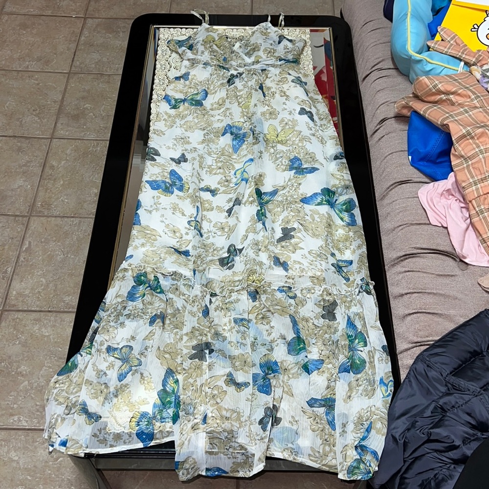 White chiffon maxi dress with blue butterfly print